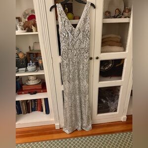 Betsy & Adam Silver Sequin Maxi Dress